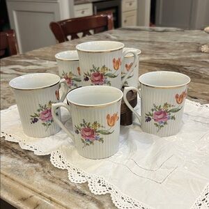Floral Porcelain Tea Mugs – Set of 5, White with Pink & Orange Flowers